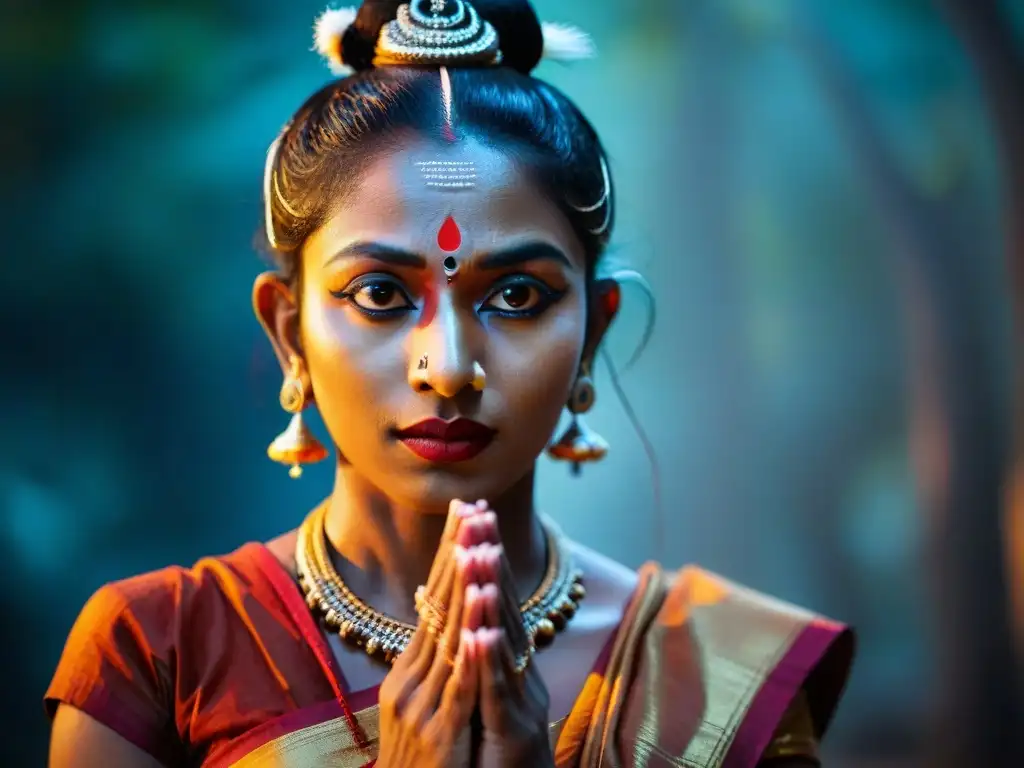 Expresiva Danza de Shiva India contemporáneo con gestos y mirada intensos en vibrantes colores