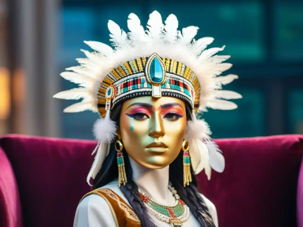 Una exquisita diadema azteca de oro con plumas y gemas, exhibida bajo una suave iluminación de museo