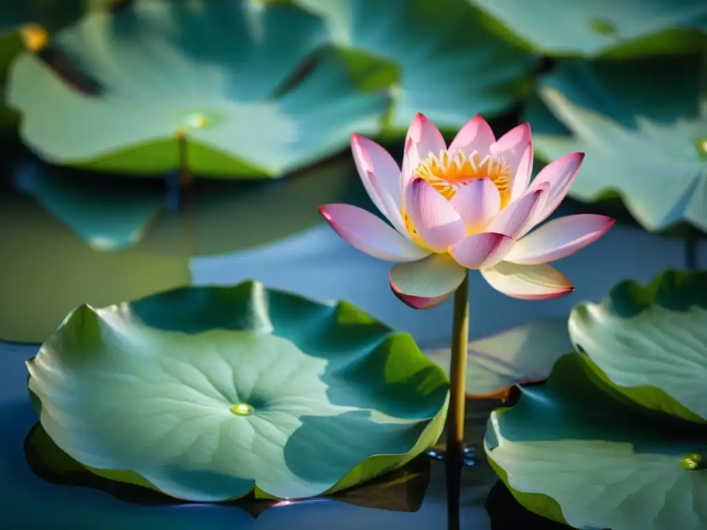 Una exquisita imagen de un vibrante loto rosa flotando en un estanque sereno, con gotas de agua en sus pétalos