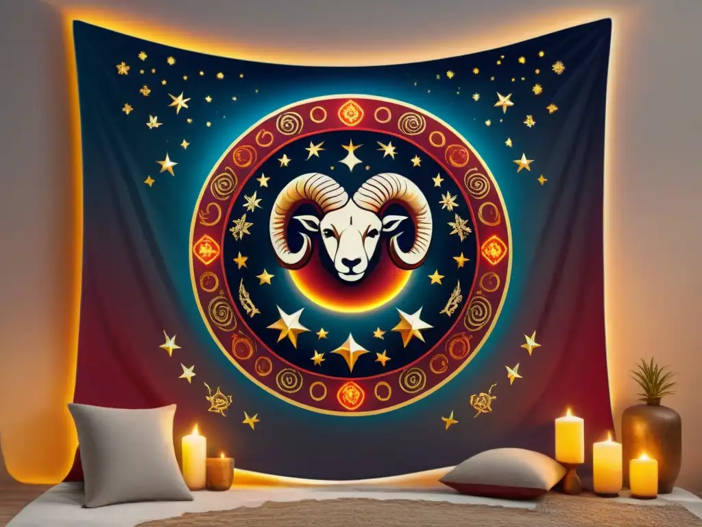 Exquisita decoración según signo zodiacal: tapiz rojo y dorado del carnero en un muro de piedra iluminado por velas