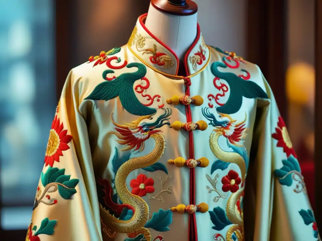 Exquisita vestimenta imperial antigua China: un detallado y elaborado kimono dorado con motivos chinos tradicionales