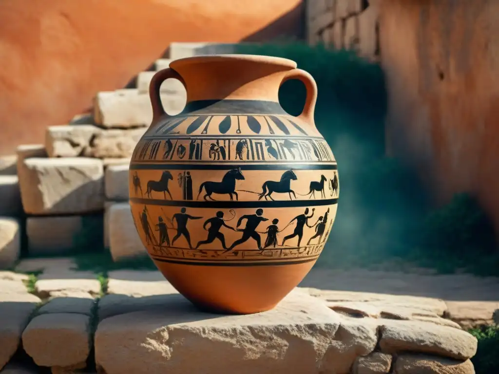 Antigua ánfora griega con símbolos dionisíacos detallados Éxtasis dionisíaco en Grecia: Detalle de una antigua ánfora griega con símbolos de Dioniso en terracota en ruinas