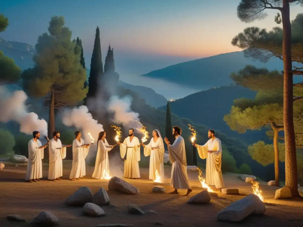 Éxtasis en la Selva: Adoradores griegos danzan para Dioniso Éxtasis dionisíaco en Grecia: Antiguos adoradores griegos danzan bajo antorchas en un claro del bosque, radiantes de devoción y alegría