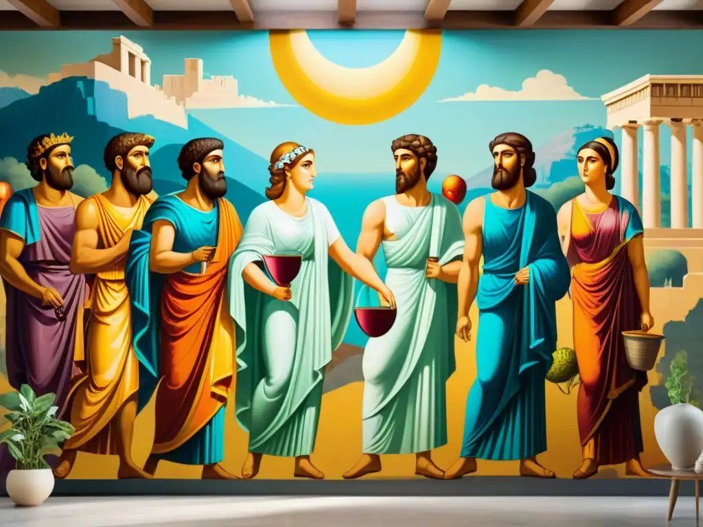 Mural griego de Dionisio: celebración vibrante y detallada Éxtasis dionisíaco en Grecia: Mural griego detallado y colorido de una procesión festiva en honor a Dioniso, entre viñedos y montañas