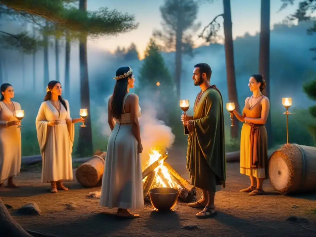 Rituales dionisíacos en el bosque: éxtasis y misterio Éxtasis dionisíaco en Grecia: Grupo en trajes griegos antiguos alrededor de una hoguera en el bosque, en rituales misteriosos