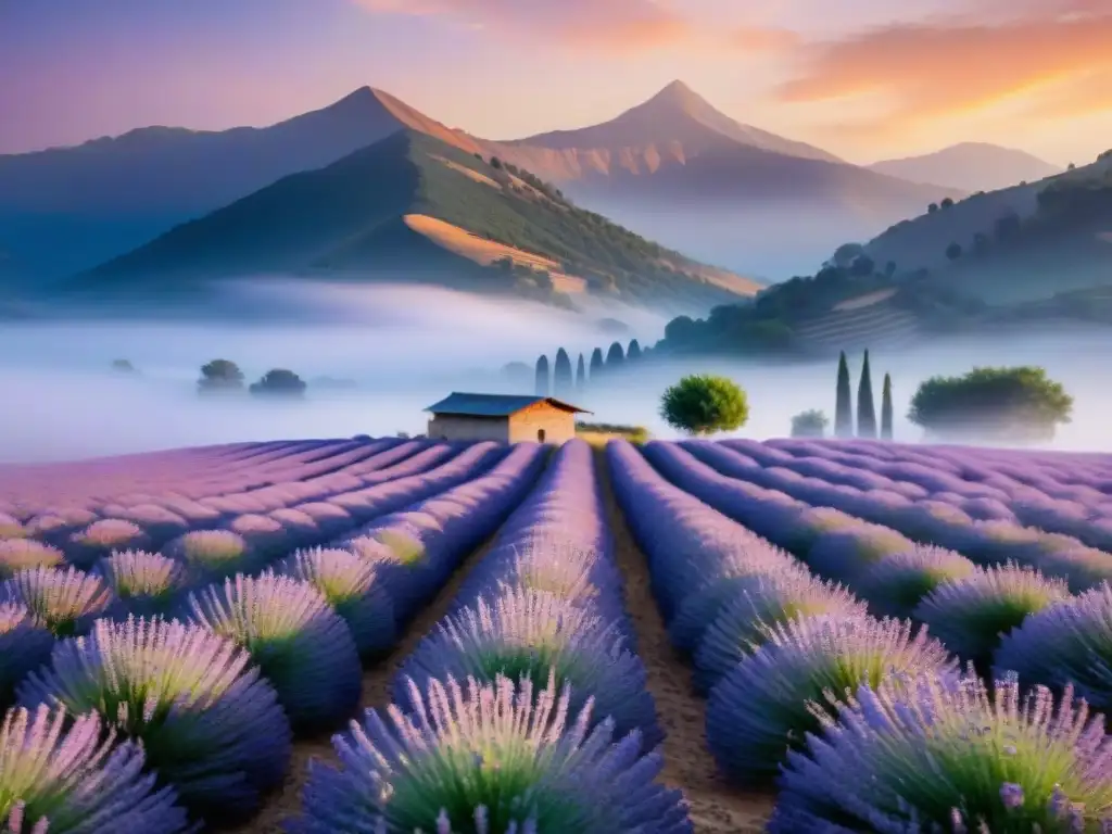 Un extenso campo de lavanda al amanecer, con montañas y niebla, ideal para la extracción de aceites esenciales sostenibles