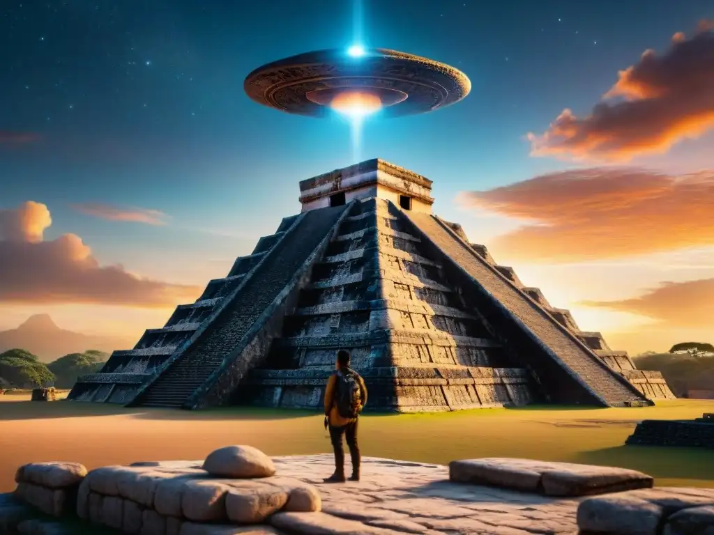 Conexión extraterrestre en ruinas mayas al atardecer, con ovni brillante y figura en silueta mirando maravillada hacia el cielo estrellado