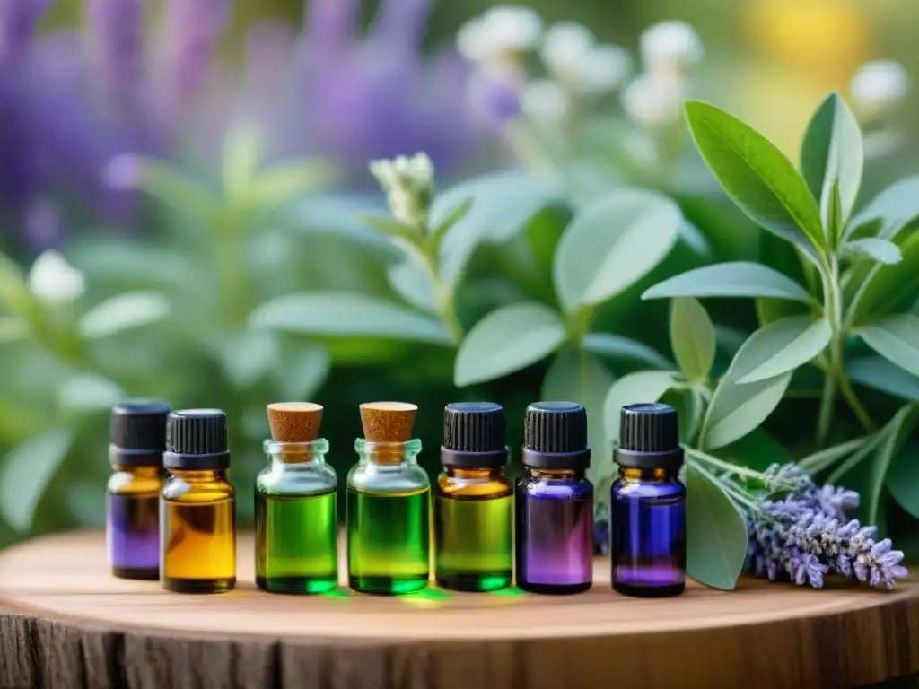 Un jardín exuberante con aceites esenciales para viaje espiritual en botellas coloridas sobre una mesa de madera