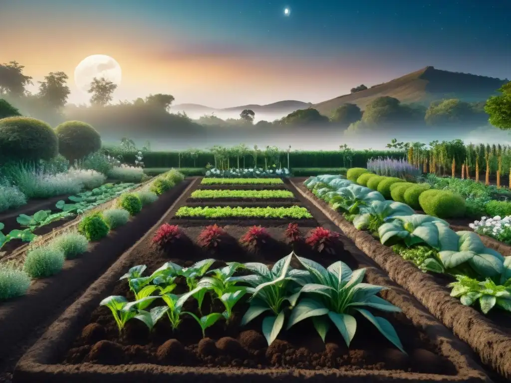 Un jardín exuberante bajo un cielo estrellado y la luna brillante, con plantas vibrantes en suelo fértil y compostaje y astrología