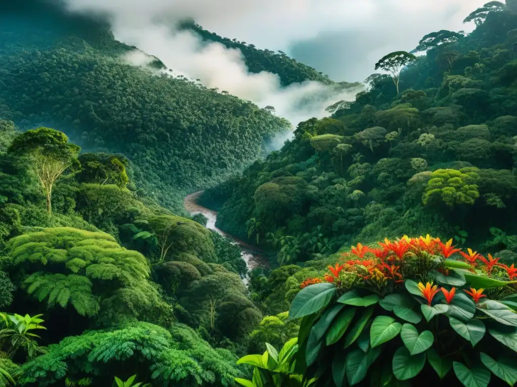 Una exuberante escena de plantas medicinales precolombinas en la selva, resaltando la biodiversidad y la belleza natural del Amazonas