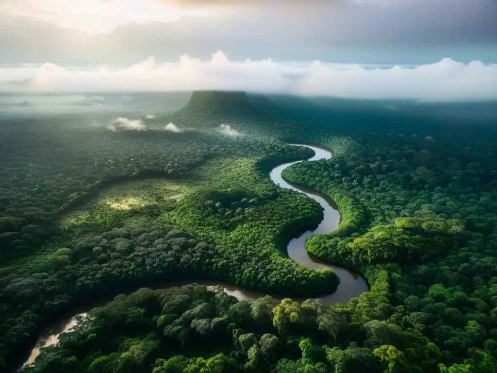 Explora la exuberante selva amazónica con un río serpenteante y misterioso