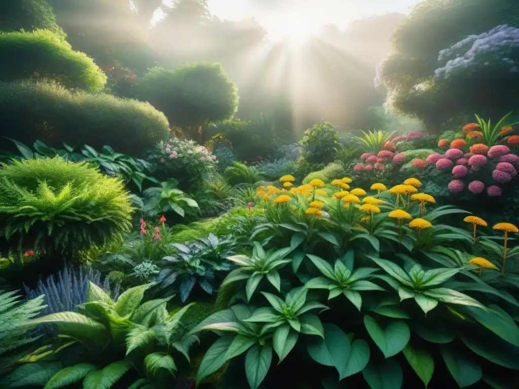 Un jardín botánico exuberante y vibrante, lleno de plantas mágicas para bienestar espiritual, detalladas y coloridas