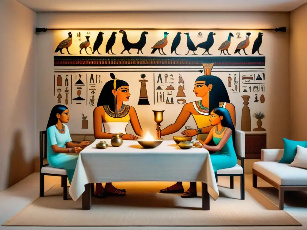 Una familia del antiguo Egipto comparte una comida en un hogar decorado con jeroglíficos