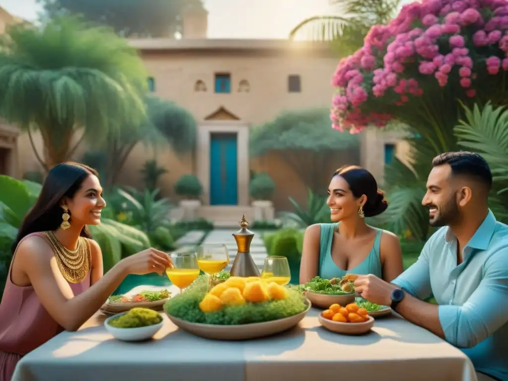 Familia egipcia moderna: unión en el paraíso de Aaru Una familia egipcia moderna disfruta de una comida en un exuberante jardín, evocando el Paraíso egipcio más allá de la muerte
