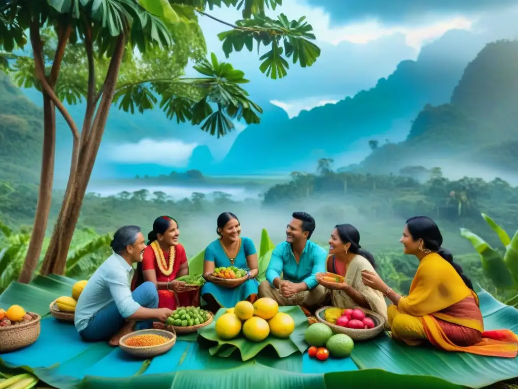 Una familia indígena disfruta de una comida ancestral en comunidad, rodeados de frutas y vegetales locales