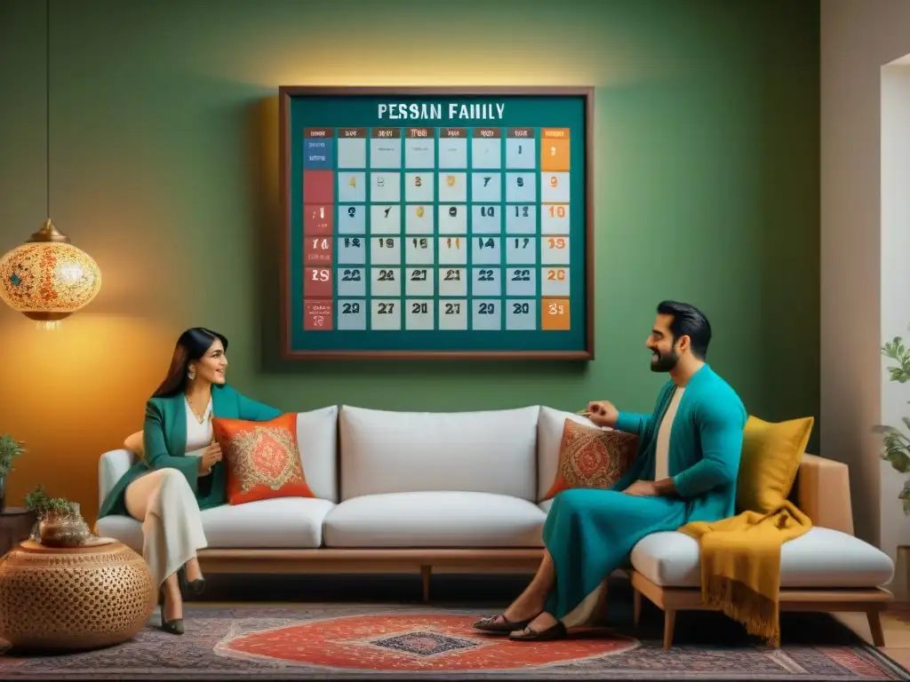 Una familia persa moderna se reúne alrededor de un calendario tradicional persa en su sala, discutiendo fechas y símbolos