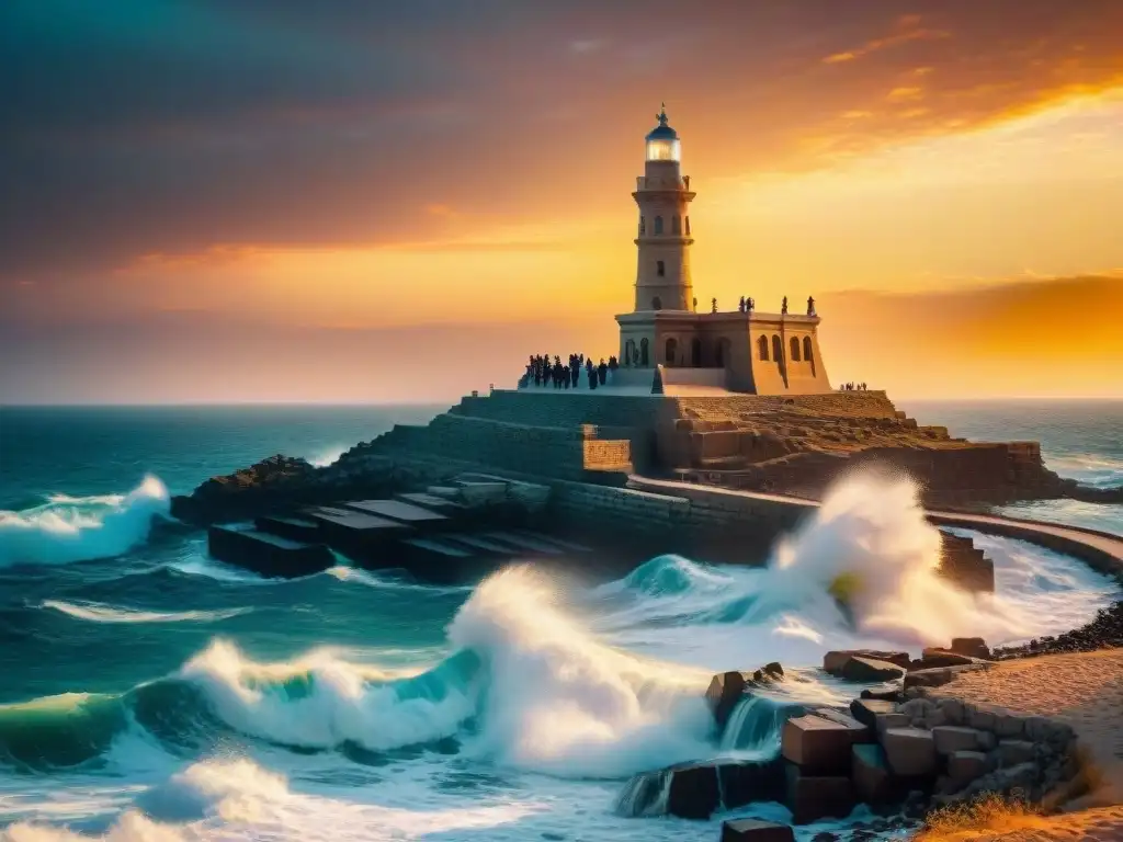 Faros de Alejandría: majestuosa construcción ingeniería capturada al atardecer en el Mediterráneo