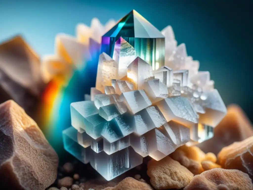 Un fascinante racimo de cristales de cuarzo, deslumbrando con patrones geométricos y reflejos de luz en un espectáculo hipnótico