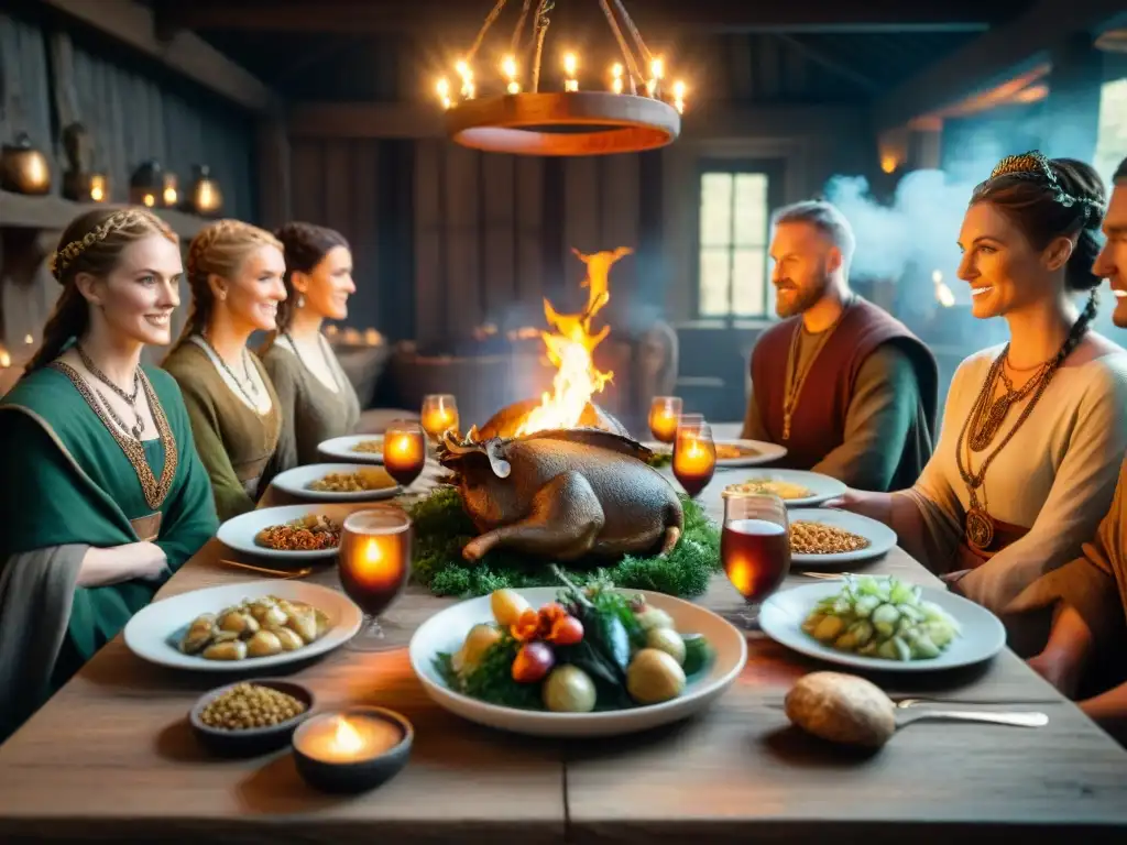 Una festín celta antiguo en un gran salón iluminado con antorchas