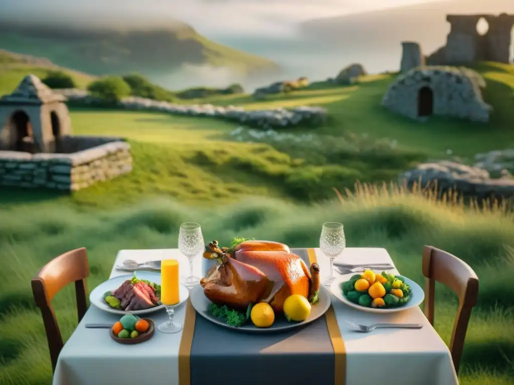Imagina una festín celta en un prado verde con Gastronomía antiguos celtas sabores tradiciones