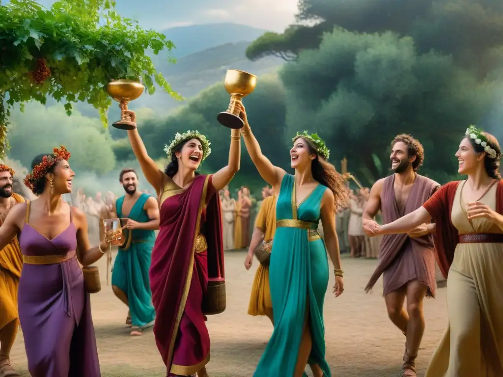 Celebración dionisíaca: éxtasis y misticismo en la Grecia antigua Un festín de éxtasis dionisíaco en Grecia: hombres y mujeres ataviados en vestimenta tradicional, celebrando con fervor en un claro soleado rodeado de exuberante vegetación