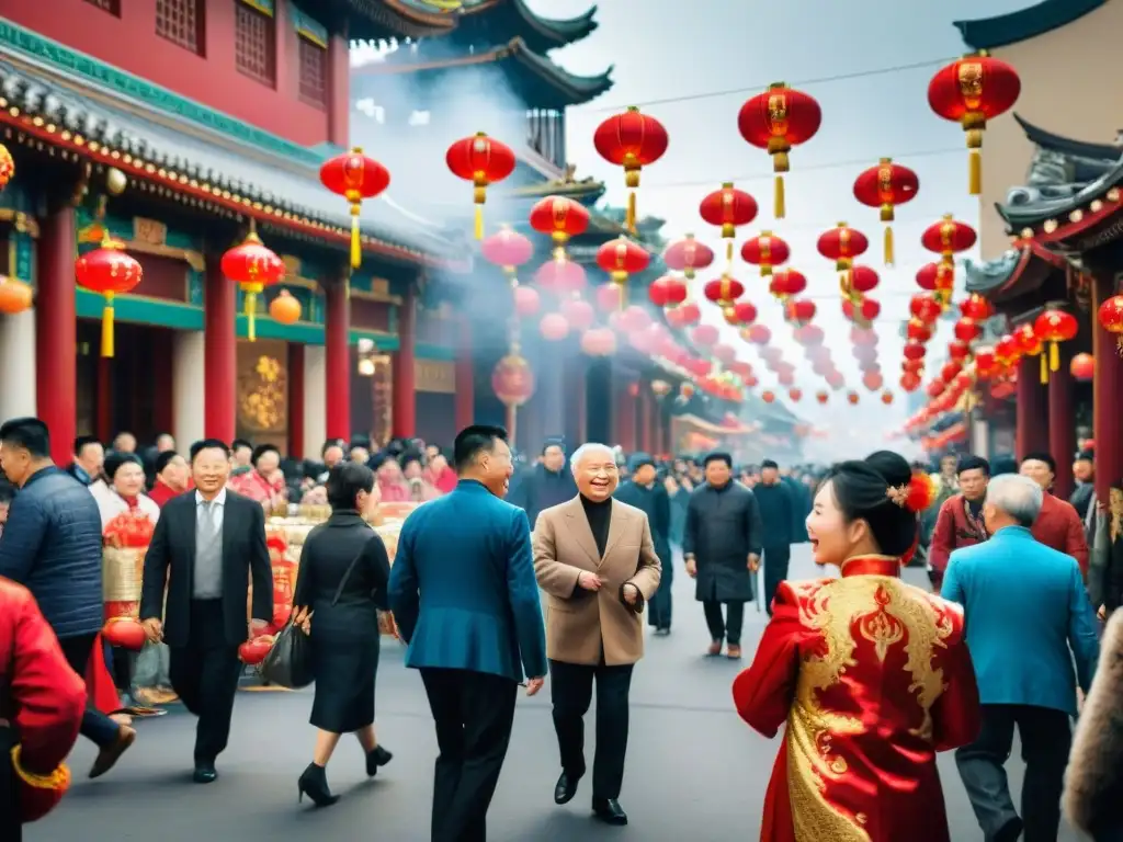 Festiva escena de calle en Chinatown durante el Año Nuevo Chino, con decoraciones coloridas, linternas tradicionales y gente de todas las edades celebrando alegremente