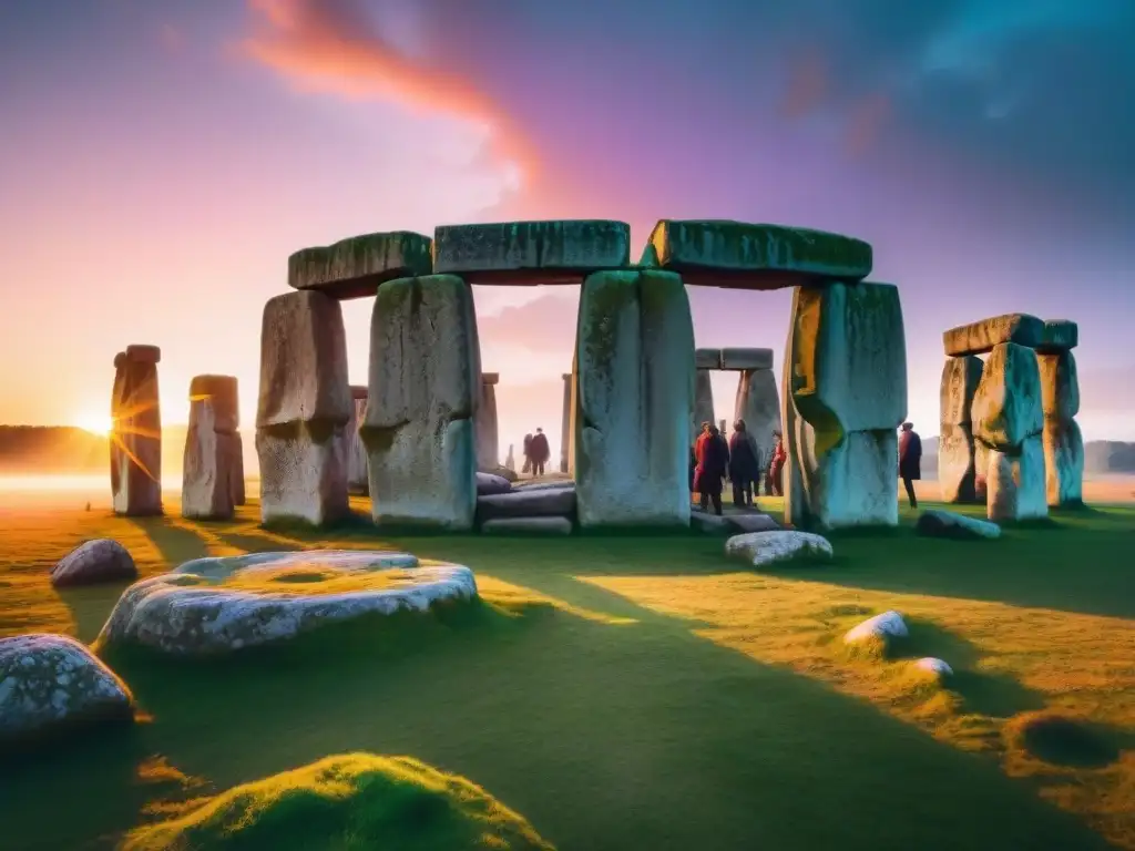 En un festival astronómico antiguo, Stonehenge se ilumina al amanecer con una atmósfera mística