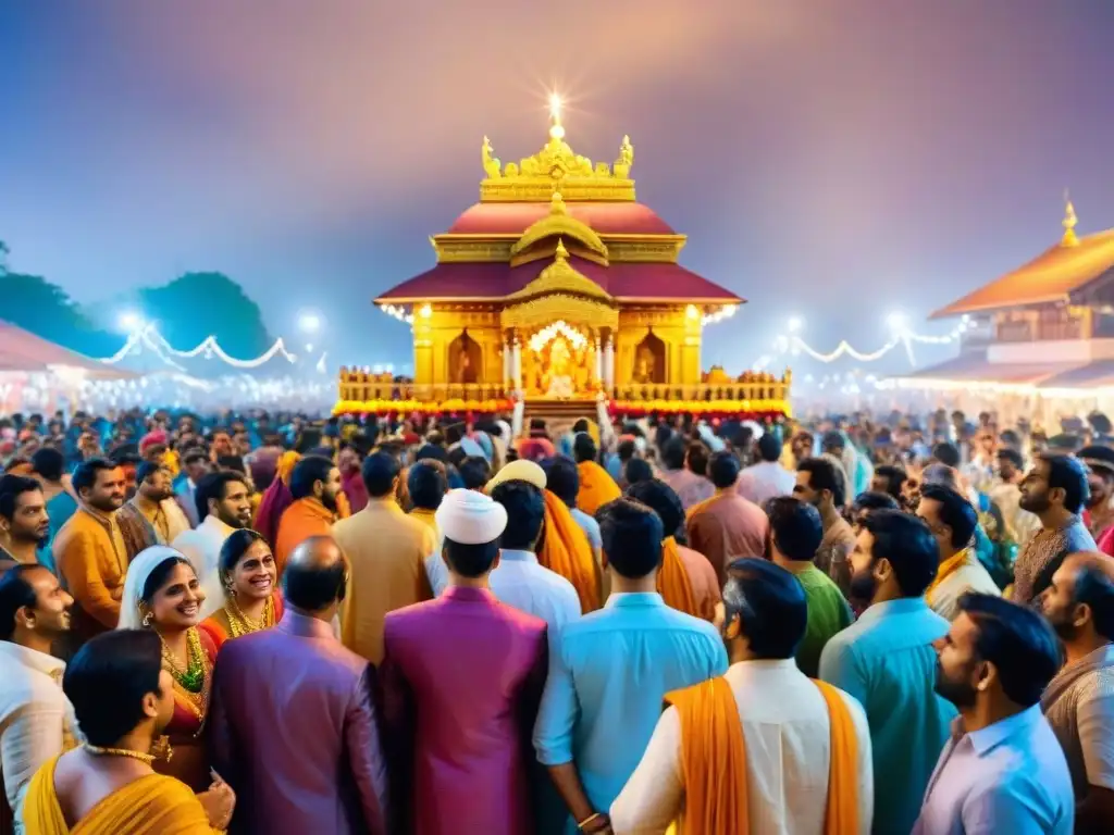 Festival de Janmashtami: Devotos celebrando alrededor de un templo decorado, bajo un cielo estrellado