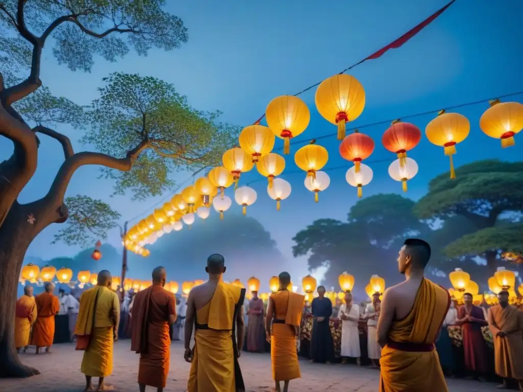 Un festival de Vesak lleno de colorido y serenidad, iluminado por linternas en un cielo crepuscular