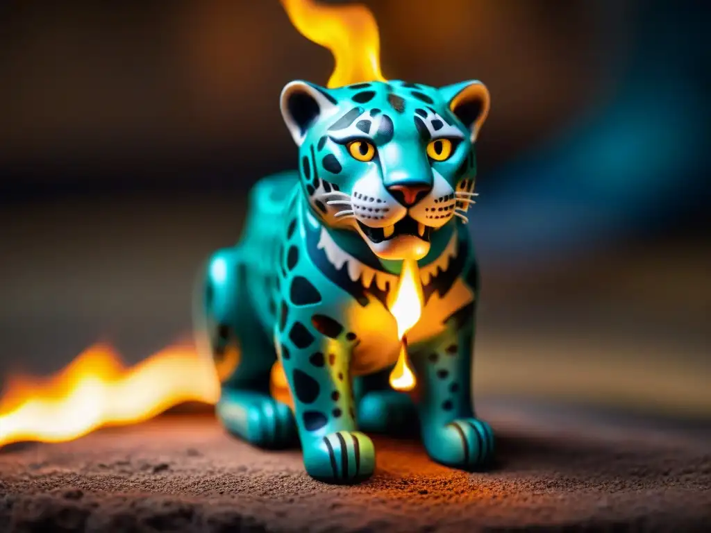 Una figura de jaguar de barro detallada, simbolizando protección y fuerza en rituales protección espíritus antiguos