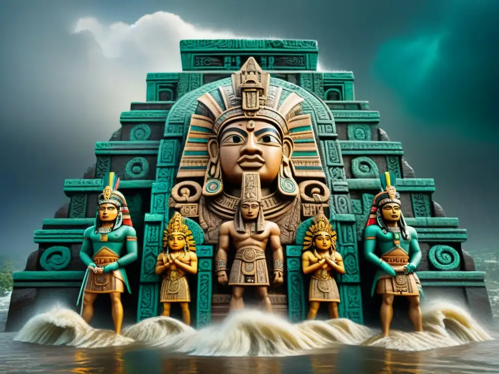 Escultura azteca: dioses enfrentan diluvio devastador Figura detallada de dioses aztecas entre diluvio, mostrando el poder de los mitos diluvio civilizaciones precolombinas