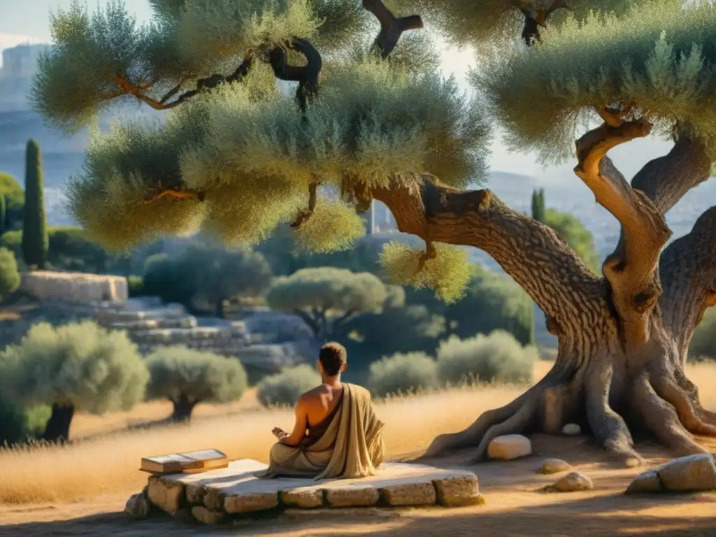 Filósofo griego en meditación bajo olivo ancestral, rodeado de rollos y naturaleza serena