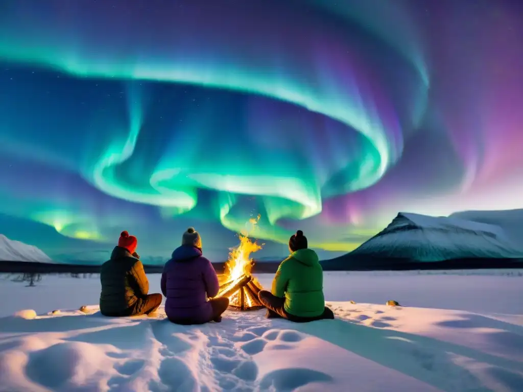 Una foto emotiva de la conexión mística entre la cultura Sami y la aurora boreal en la noche ártica