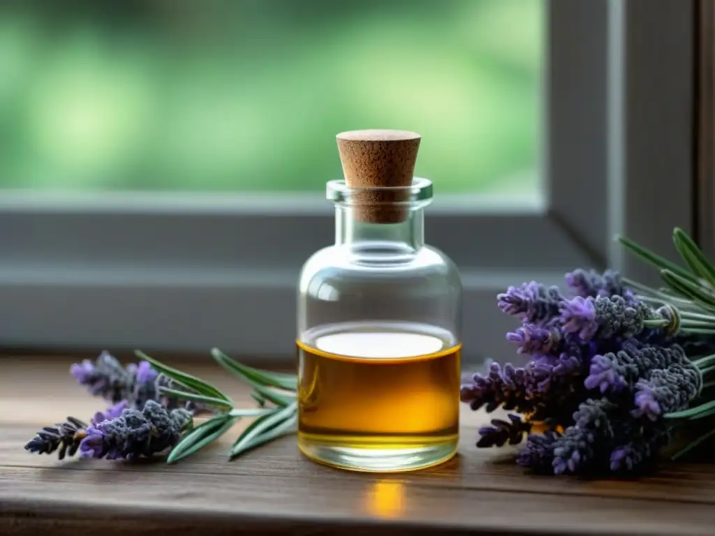 Un frasco de vidrio antiguo lleno de aceite esencial dorado reposa junto a lavanda seca y romero fresco