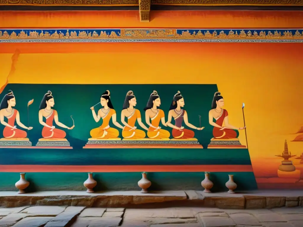 Frescos vibrantes del Palacio en las nubes Sigiriya, con damas elegantes y colores ricos