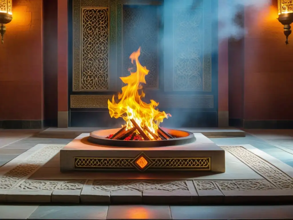 El fuego eterno de un templo zoroastriano en Persia brilla entre intrincados detalles arquitectónicos