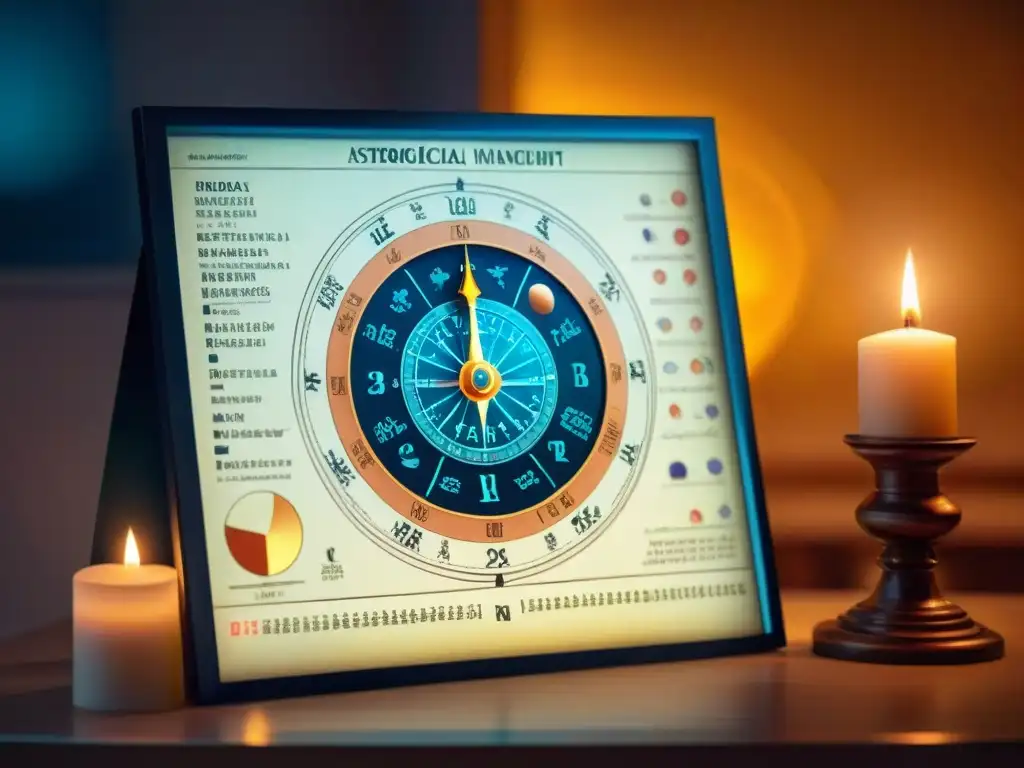 Una fusión de astrología antigua en era digital: manuscrito iluminado por vela junto a gráfico astrológico en pantalla de computadora