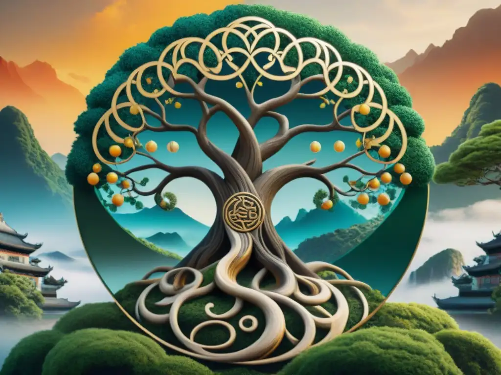 Yggdrasil y Yin Yang fusionados en paisaje sereno: paralelos mitología nórdica China
