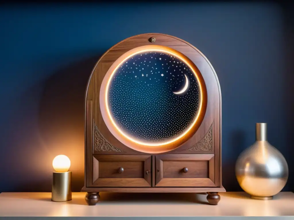 Un gabinete de madera tallada con fases lunares plateadas, iluminado por una luz mística en una habitación oscura