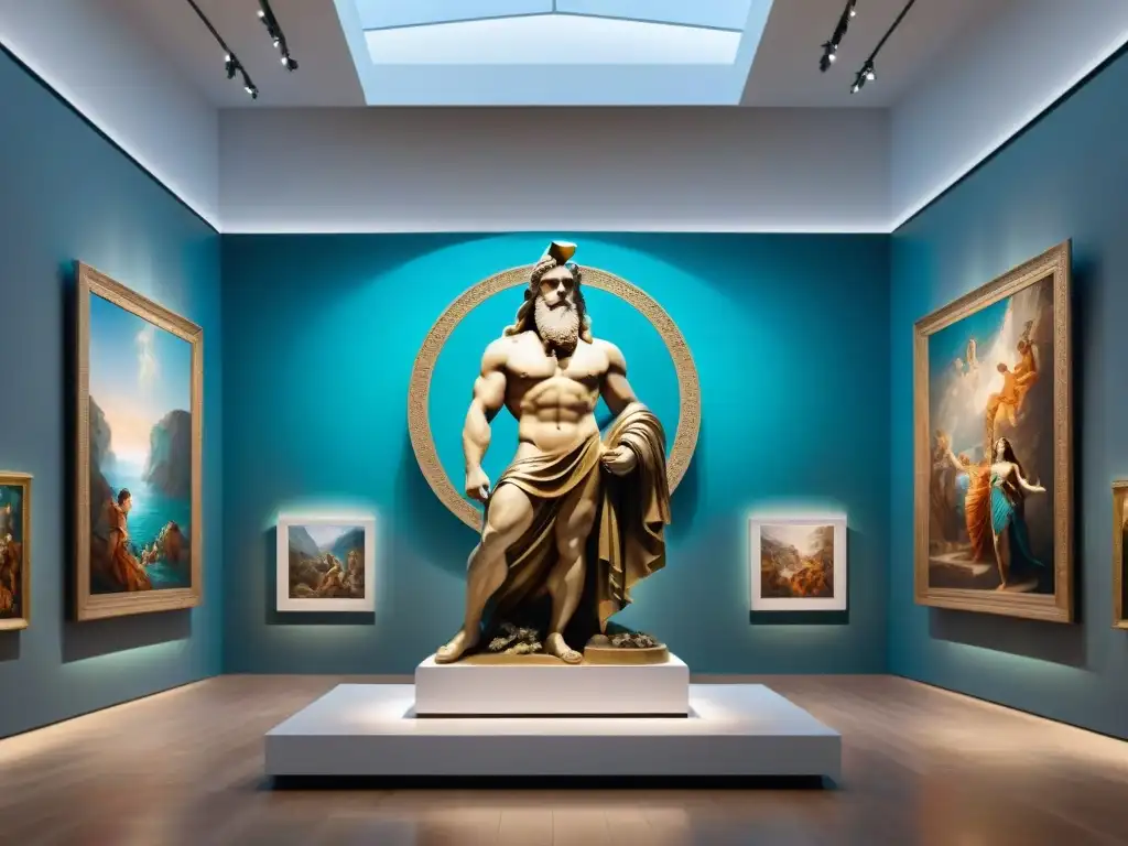 Una galería de arte contemporáneo con influencia griega: escultura de Zeus, Pegaso, Medusa y obras vibrantes