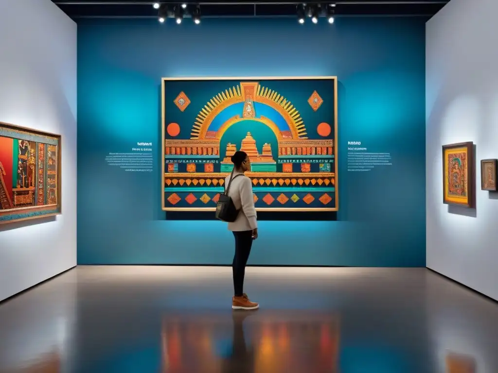 Una galería de arte contemporáneo con influencia del arte mesoamericano, visitantes admirando las obras vibrantes