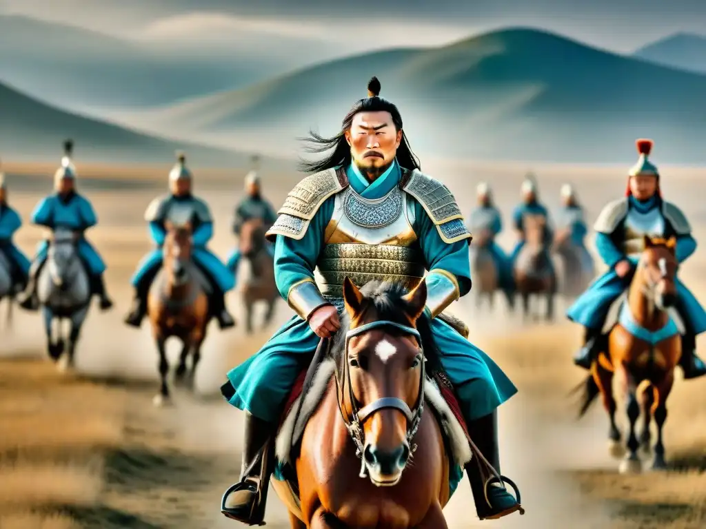 Genghis Khan liderando sus tropas con estrategias militares en paisaje mongol