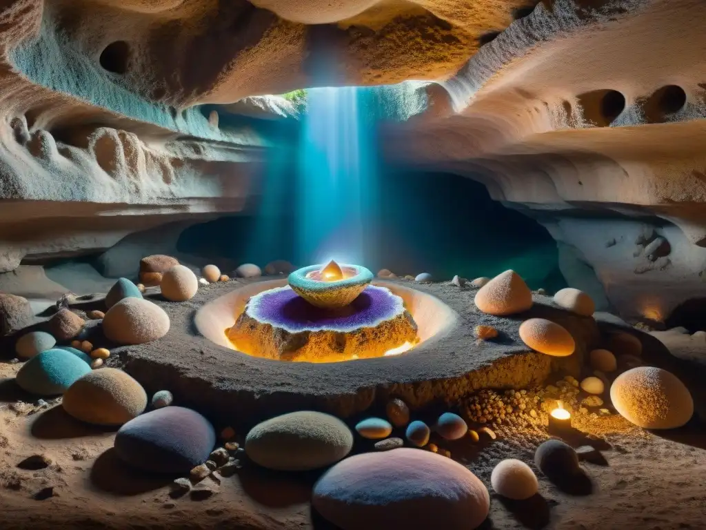 Geodas místicas en antigua cueva subterránea Geodas como portales energéticos antiguos: cueva subterránea llena de geodas brillantes entre ruinas antiguas iluminadas por luz etérea