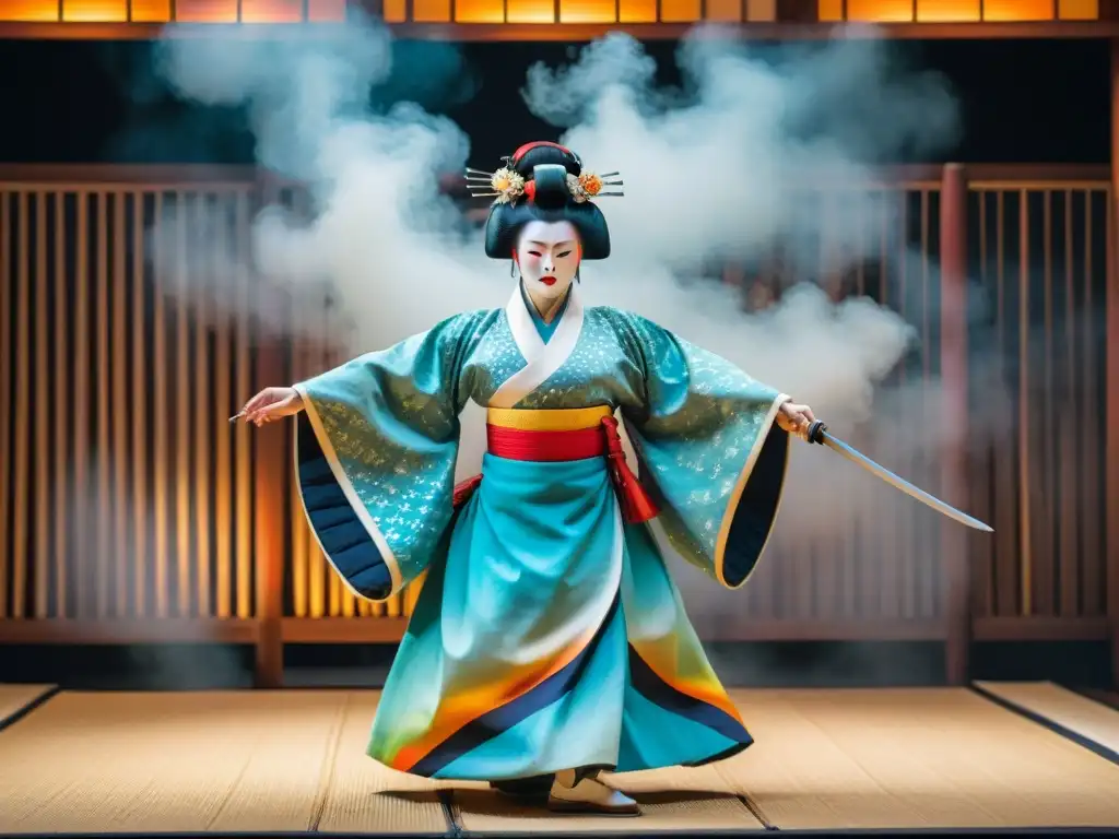 Grabado detallado de una actuación de teatro Noh japonés con trajes elaborados, máscaras expresivas y movimientos gráciles