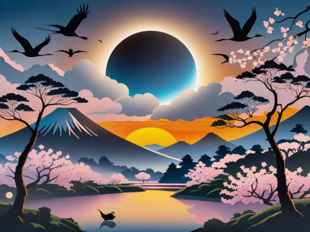 Un grabado detallado muestra un eclipse solar sobre un paisaje japonés, con Montaña Fuji, grullas y cerezos en flor