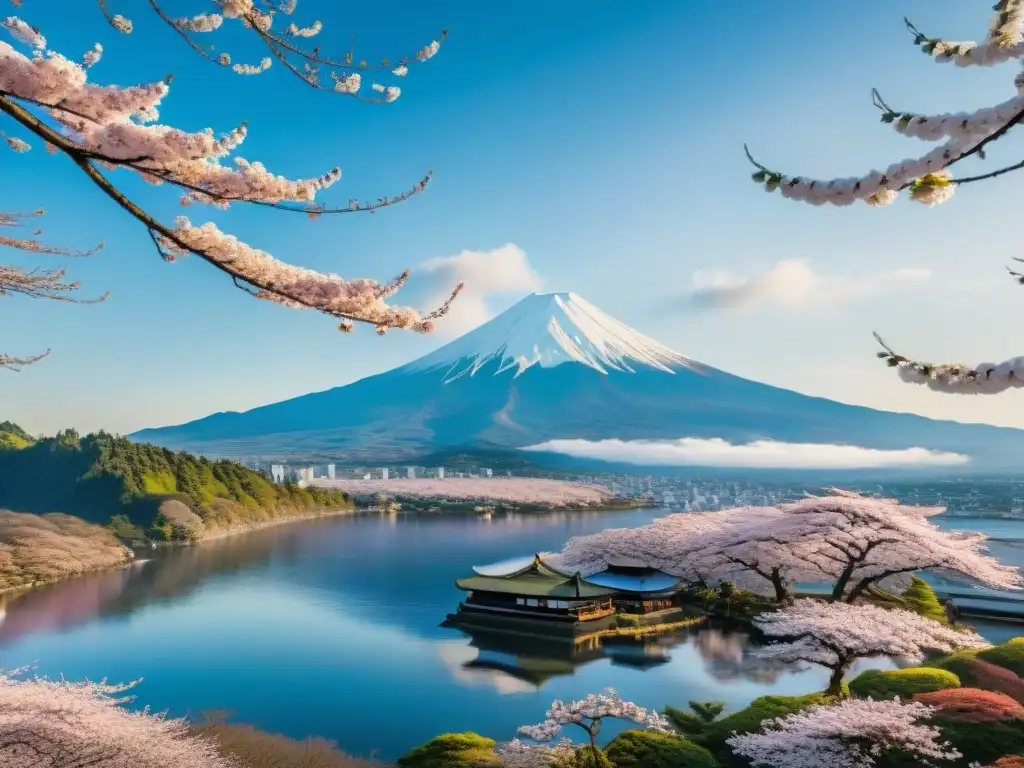 Un grabado detallado con el majestuoso Monte Fuji y deidades míticas en un paisaje sereno de cerezos en flor