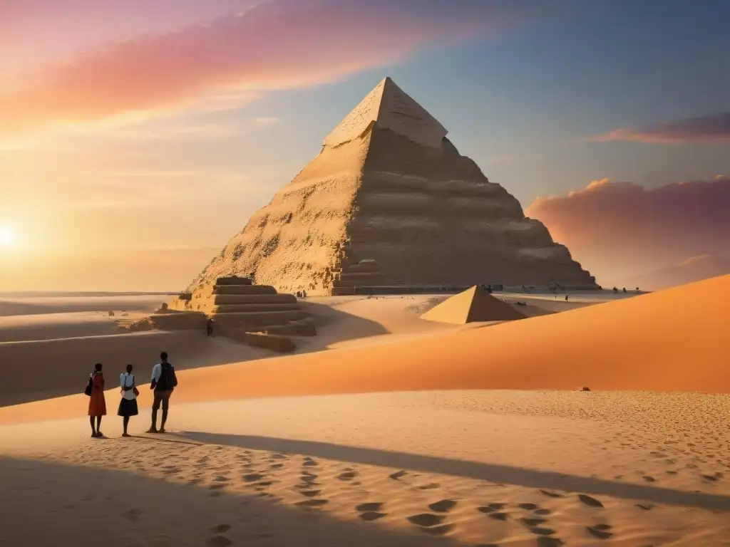 Réplica del Gran Esfinge de Giza al atardecer, rodeada de visitantes maravillados en una exposición sobre Antiguo Egipto