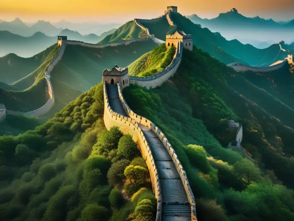 La Gran Muralla China serpentea majestuosamente entre montañas al atardecer, revelando secretos de su historia milenaria