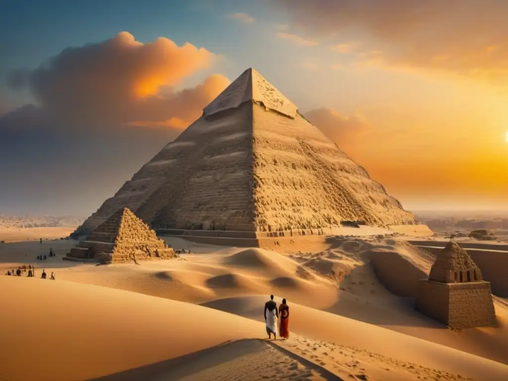 Pirámide de Giza al atardecer: misterio dorado La Gran Pirámide de Giza bajo un atardecer dramático, bañada en luz dorada