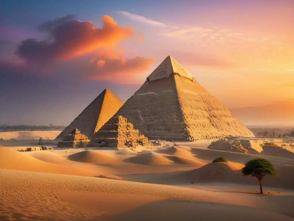 La Gran Pirámide de Giza se yergue majestuosa bajo un atardecer ardiente, revelando secretos pirámides Egipto legado